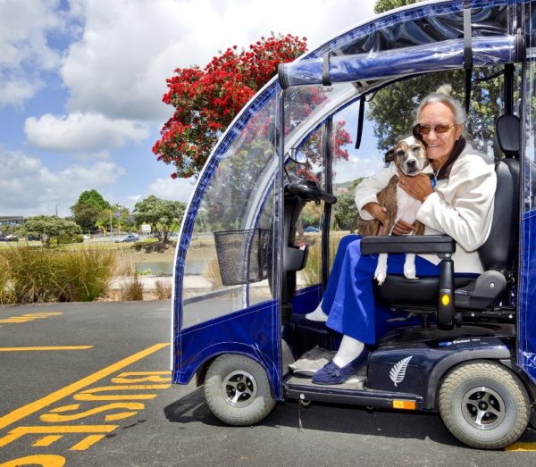An elderly woman in a mobility scooter hugs her dog.