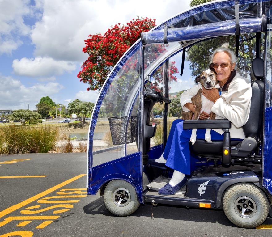 disabled woman sitting in a mobility cart holding a small dog