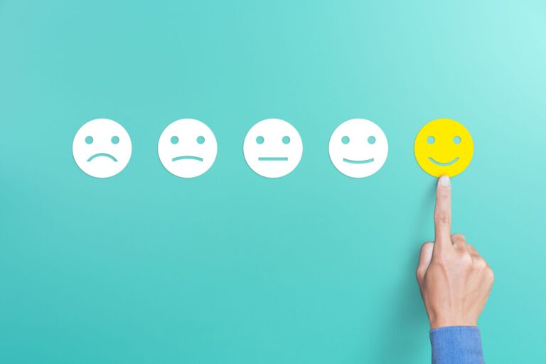 Customer survey rating graphic, with a finger pointing to a happy face.